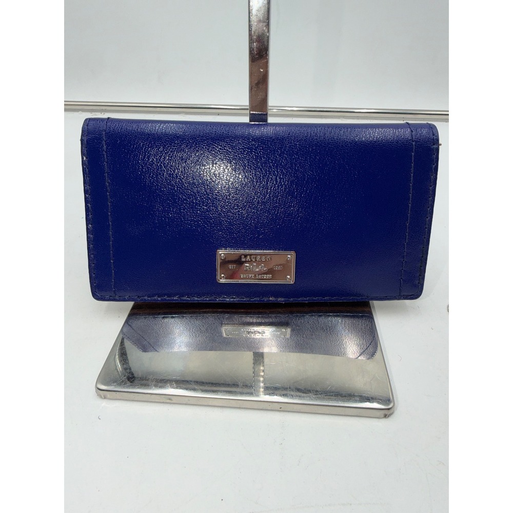 Lauren Ralph Lauren Blue Leather Slim Bifold Wallet Cognac Interior Silver Logo